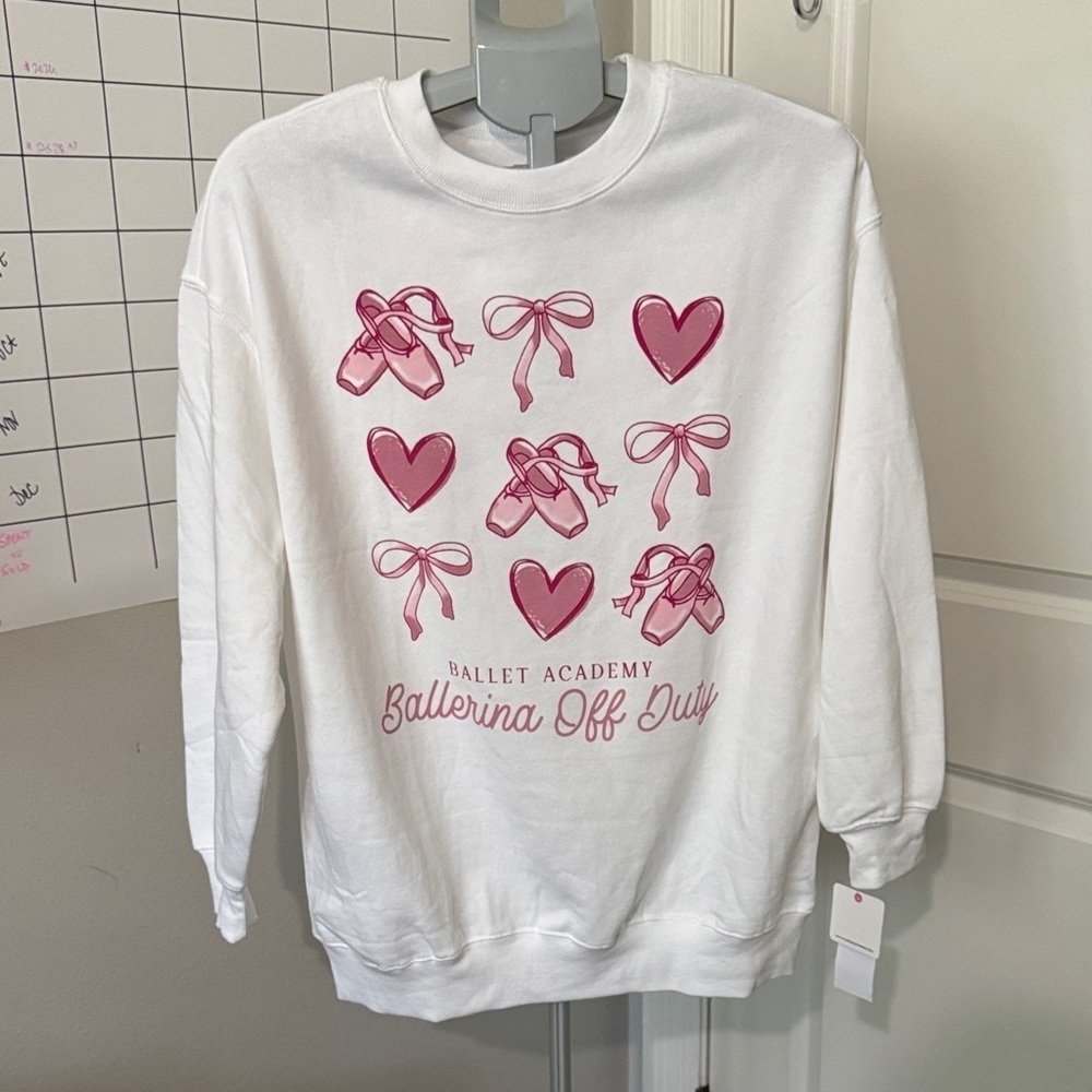 Rebellious One Off-Duty Ballerina White and Pink Graphic Sweater